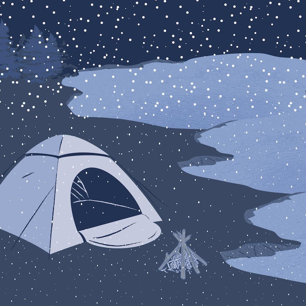 Snowfall on a campsite