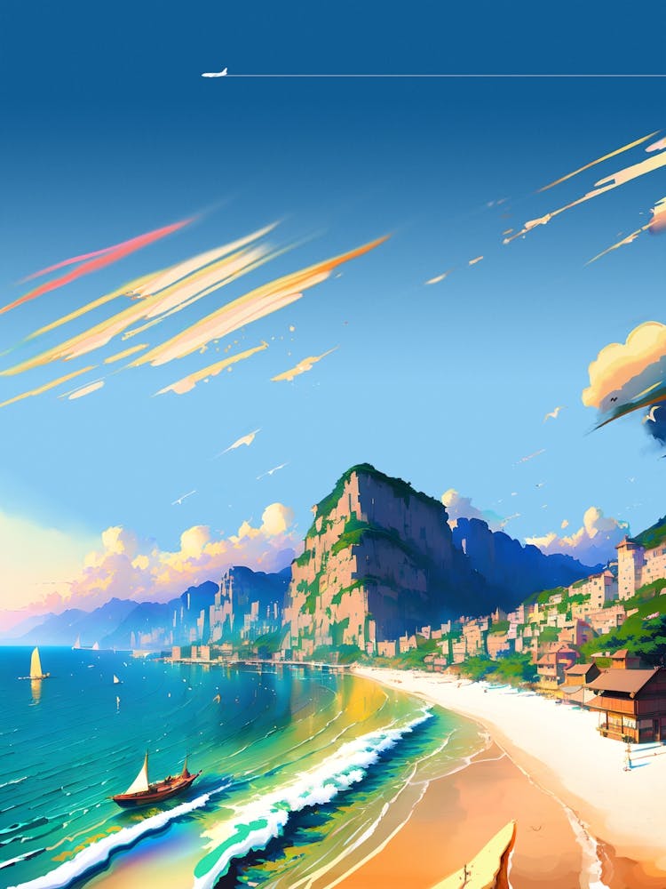Japan, Okinawa, fishing village on the bay — City Pop art, anime landscape poster, retrowave/vaporwave poster, 80s, panoramic poster. Hayao Miyazaki style