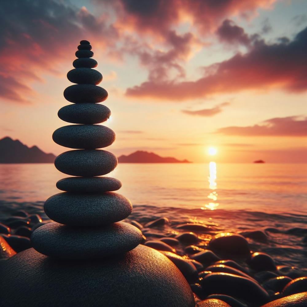 Balancing Stone On The Beach At Sunset