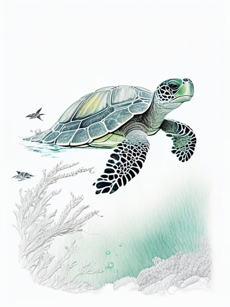 Sea Turtle In Deep Ocean, Sea Turtle Quentin Blake Illustration 1