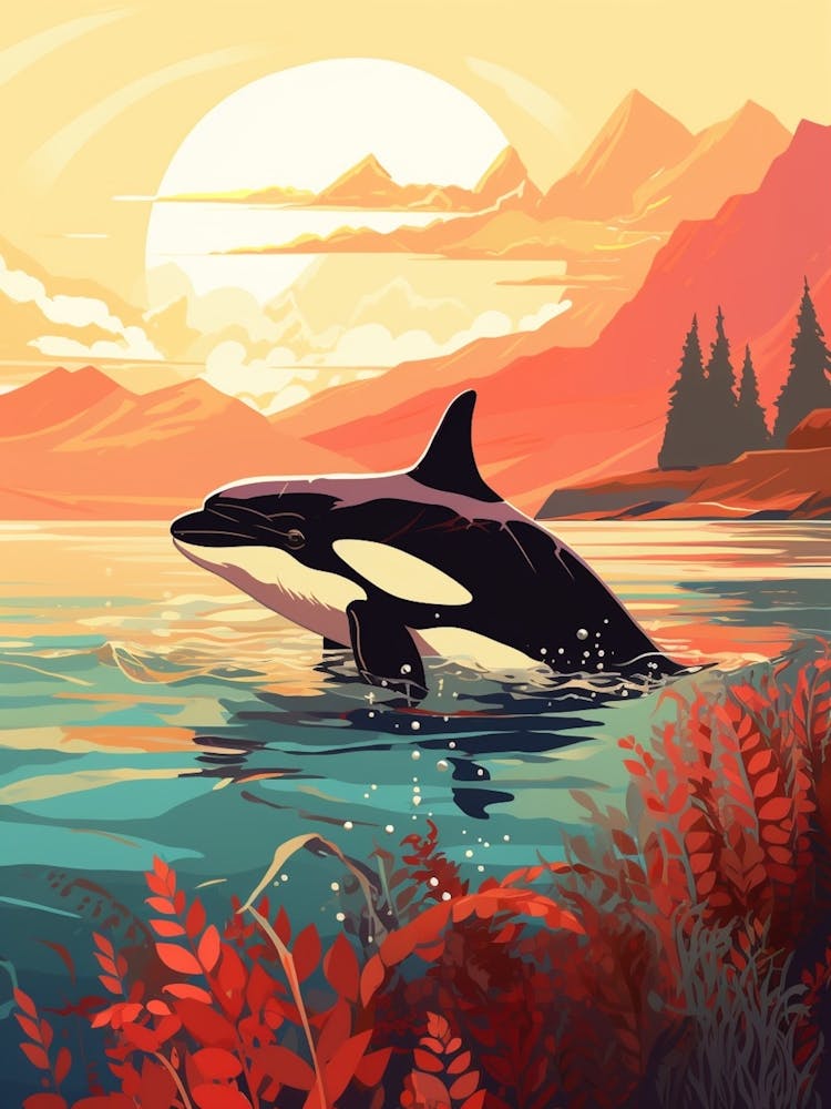 Orca Whale Orange Modern Drawing At Sunset