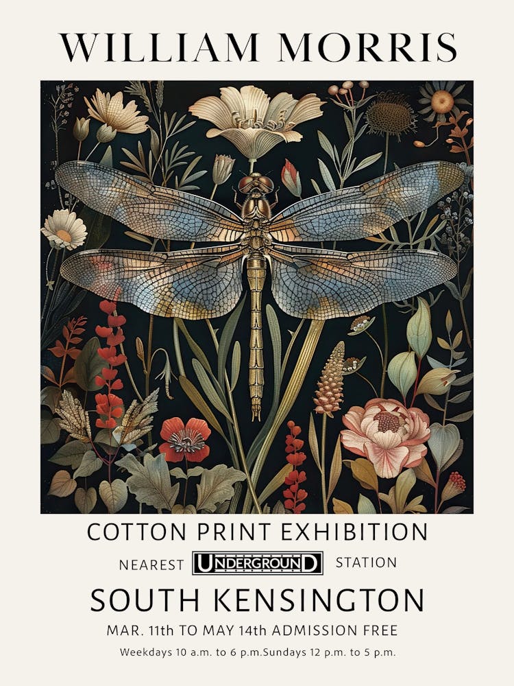 William Morris Vintage Blue Dragonfly Flowers