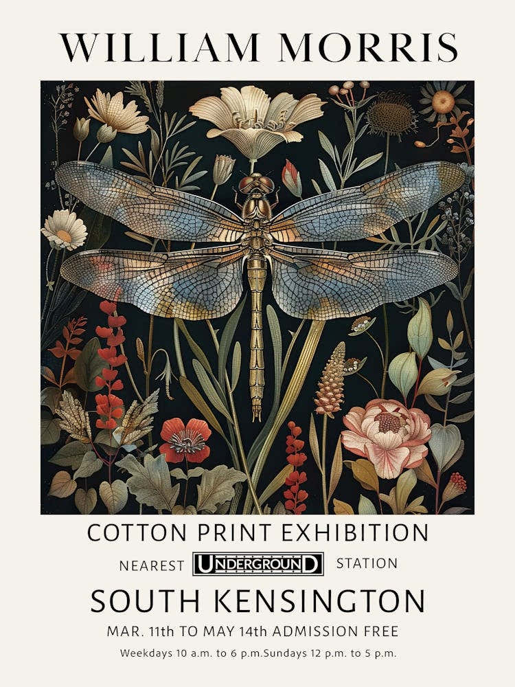 William Morris Vintage Blue Dragonfly Flowers