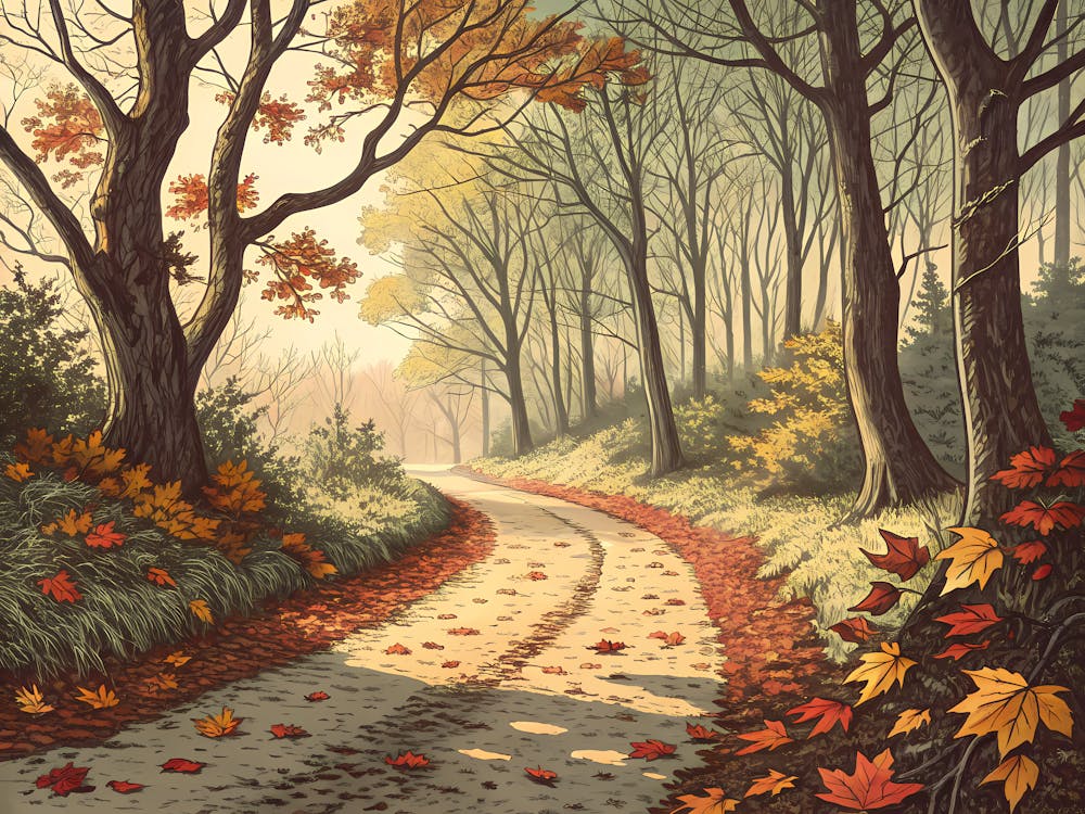 Retro Vintage Style A Quiet Forest Path Covered In