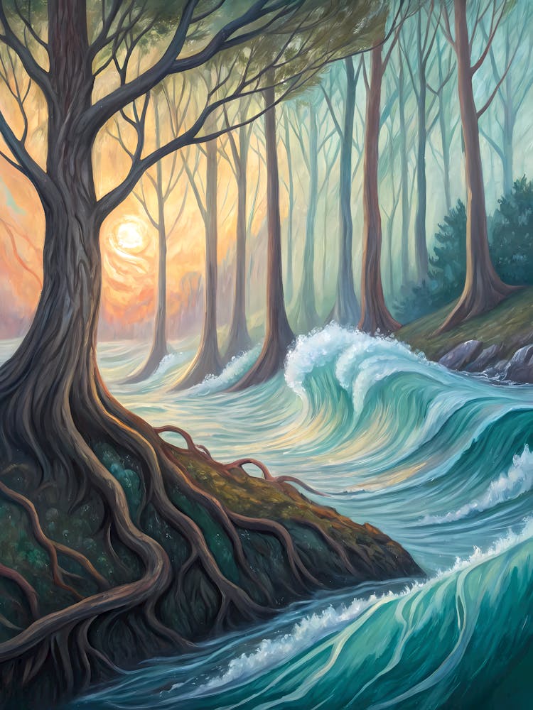 Van Gogh Style Forest Winding River & Swirling Sky
