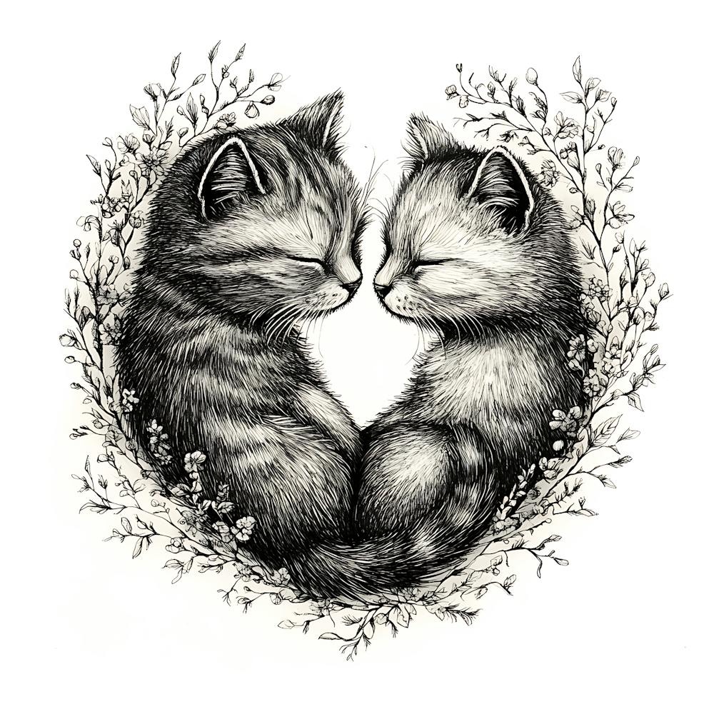 Delicate Ink Drawing of Cats Love Heart 12