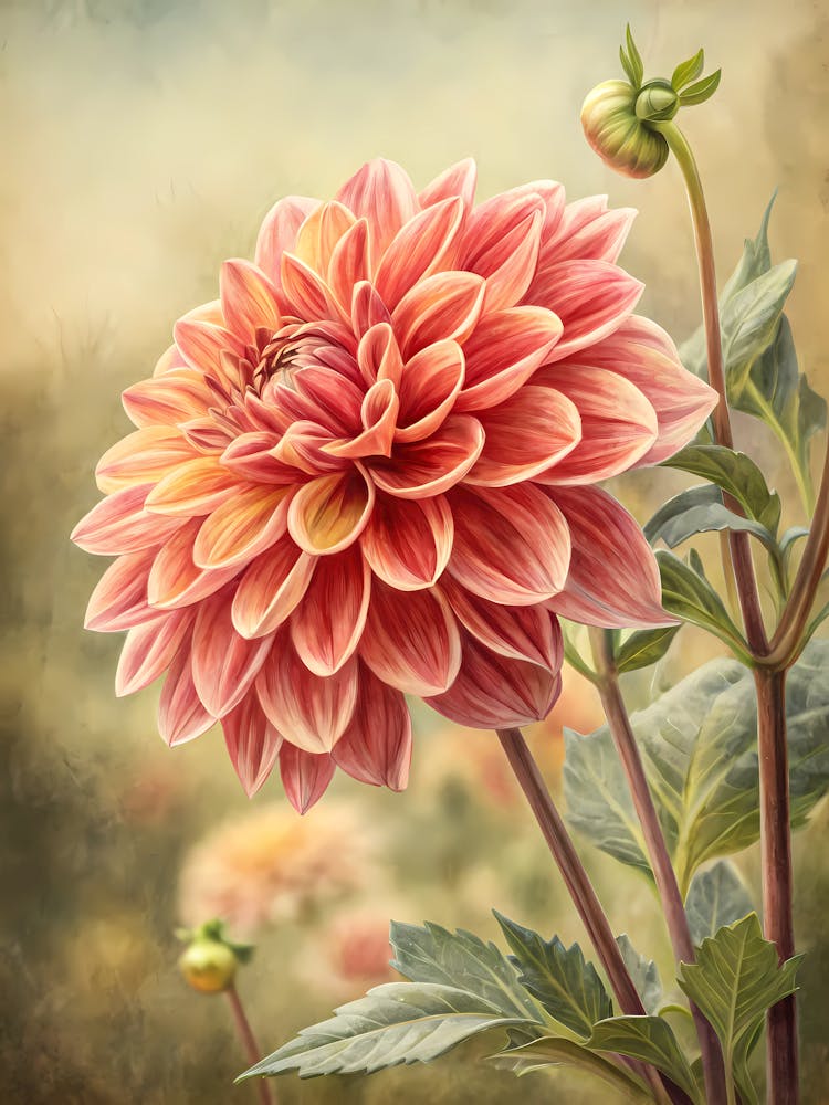Oil Painting Style Dahlia Bloom Close Up In Retro vintage