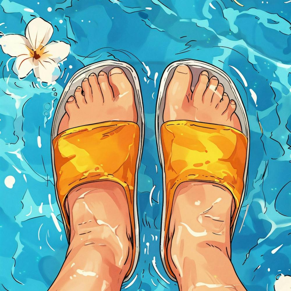Gelbe Sandalen im Wasser