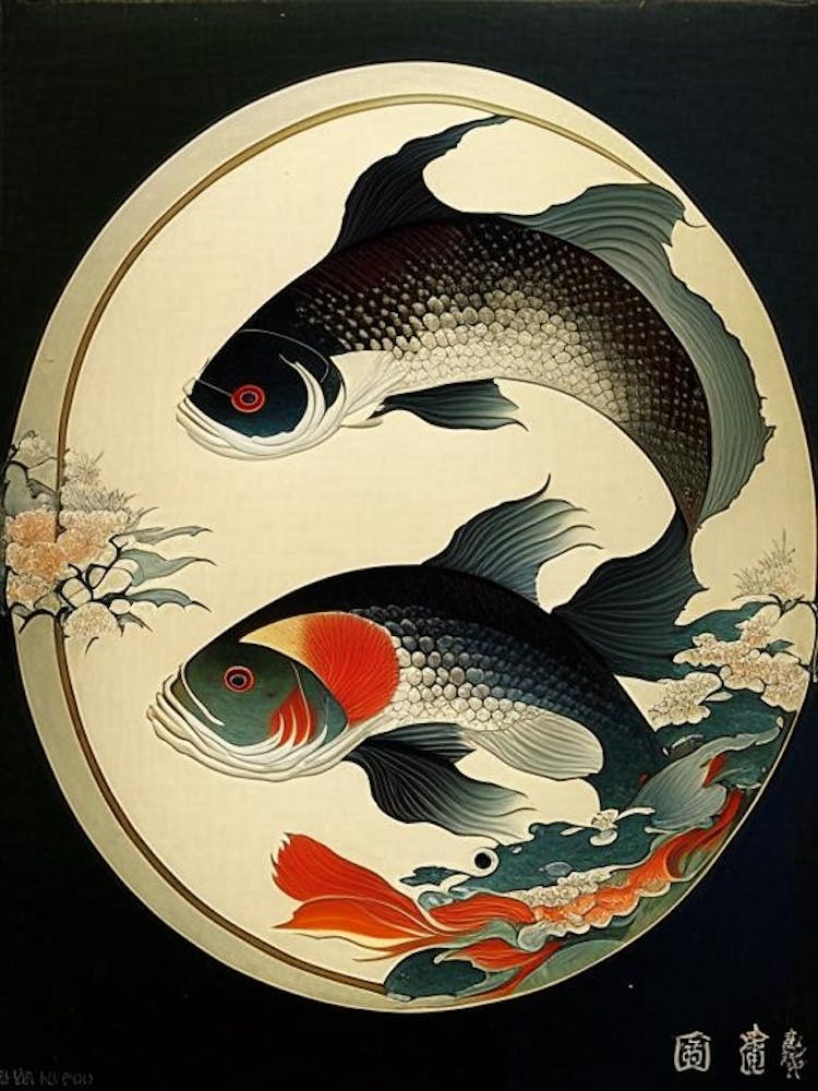 Fish Yin and Yang 6, Japanese Ukiyo E Style