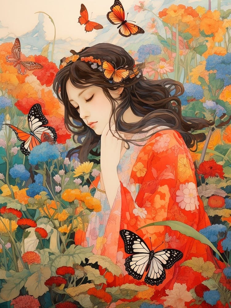Person In The Meadow With Butterflies Japanese Style Painting