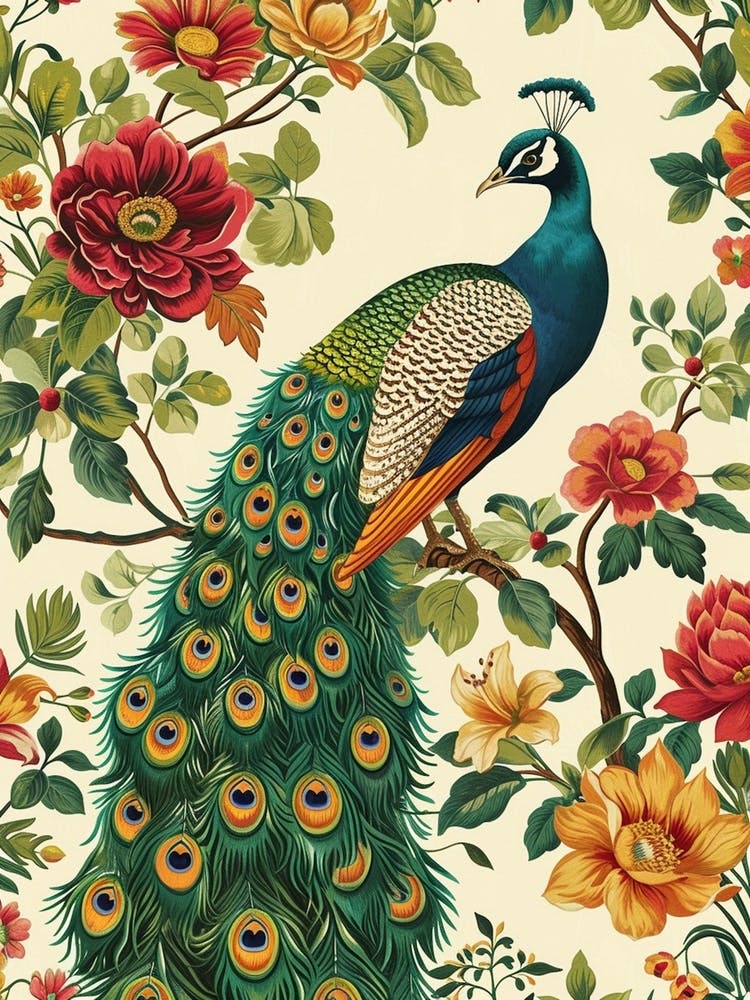 Vintage Peacock Wallpaper With Vibrant Flowers  1