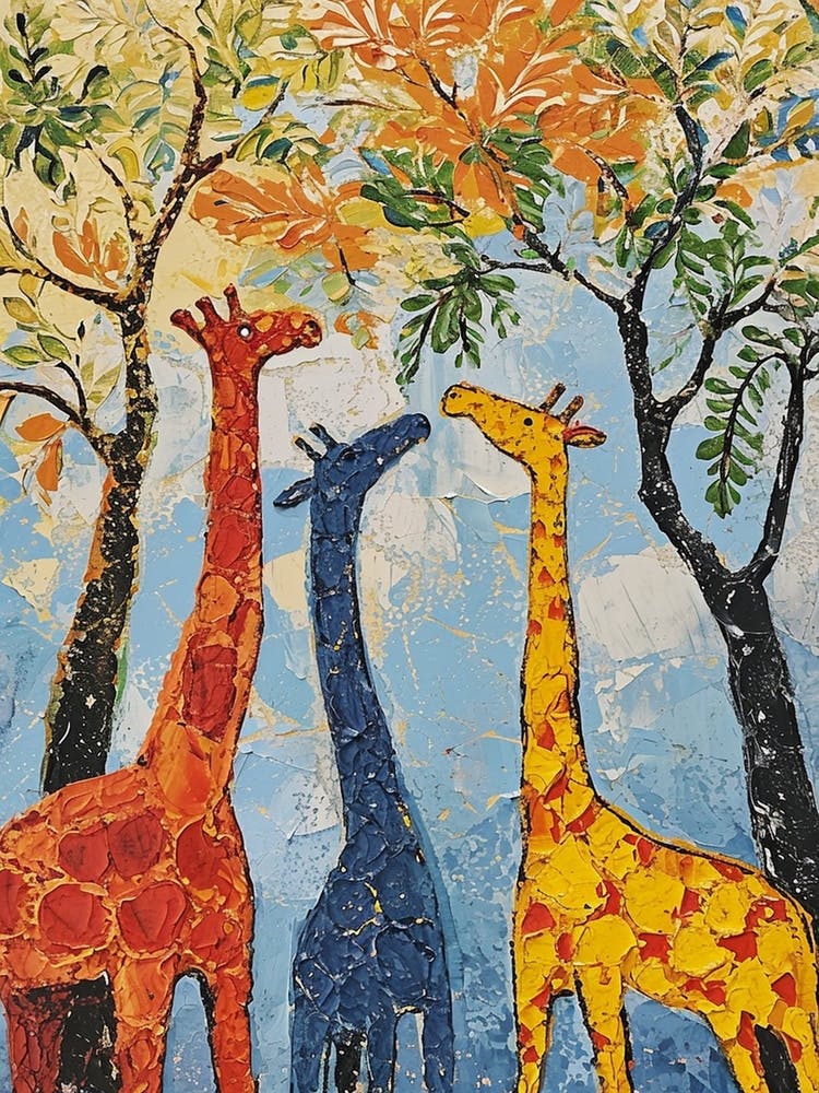 Textured Colourful Painting Of A Giraffe Family 3