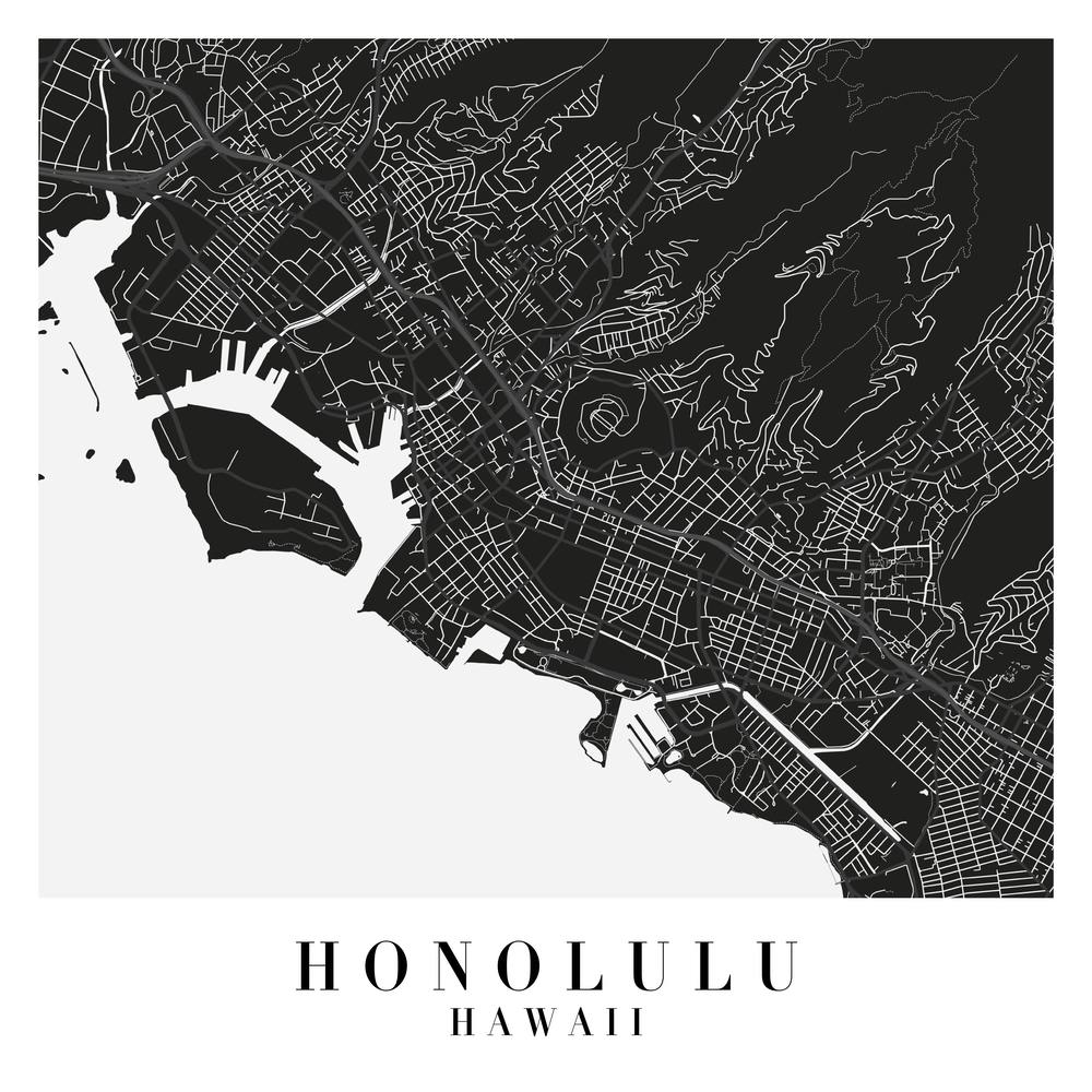 Honolulu Hawaii Minimal Black Mono Street Map  Square