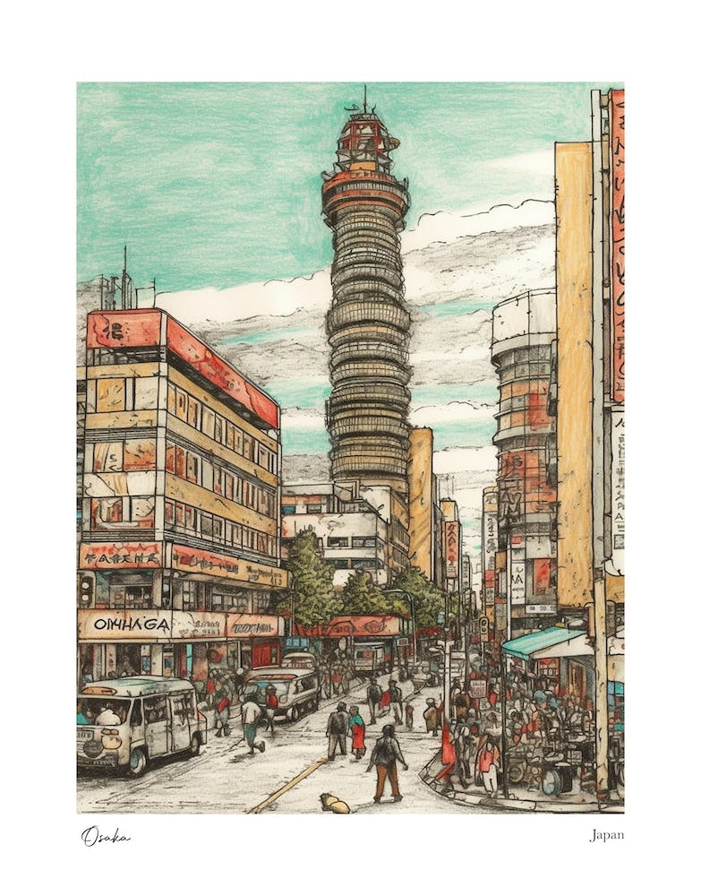 Osaka Japan Drawing Pencil Style 1 Travel Poster
