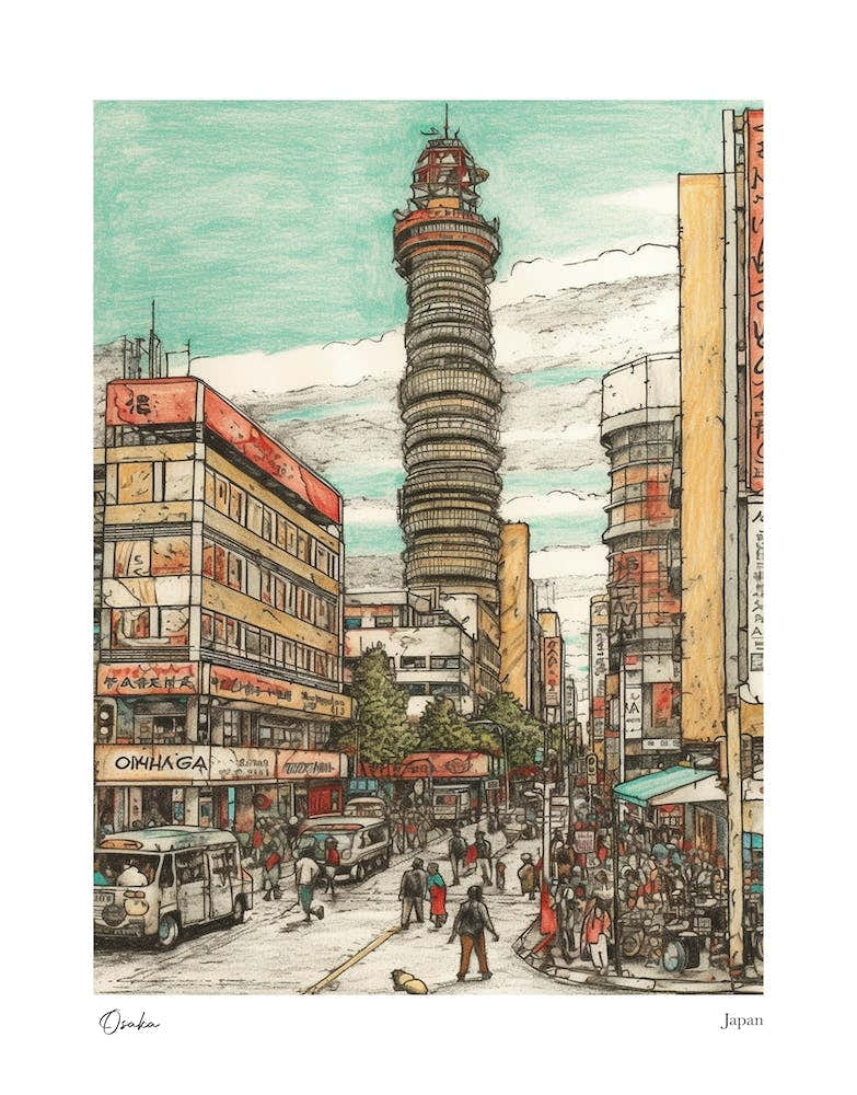Osaka Japan Drawing Pencil Style 1 Travel Poster