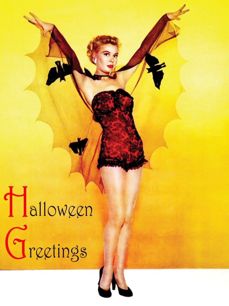 Halloween Greetings, Pin Up Girl Posing In Bat Costume
