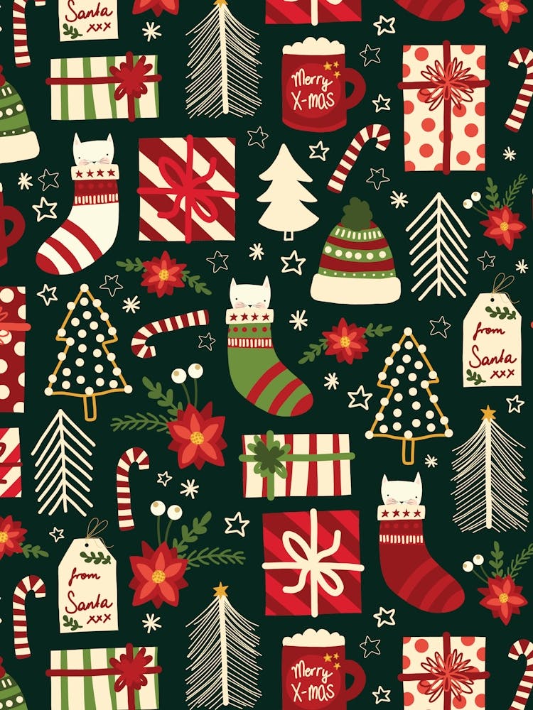 Chats de Noël Blanc dans des Chaussettes et Cadeaux Rouges et Verts sur Émeraude Foncé