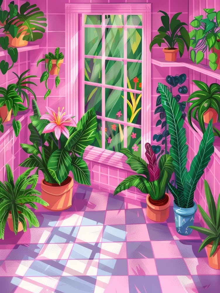Chambre rose avec plantes 1