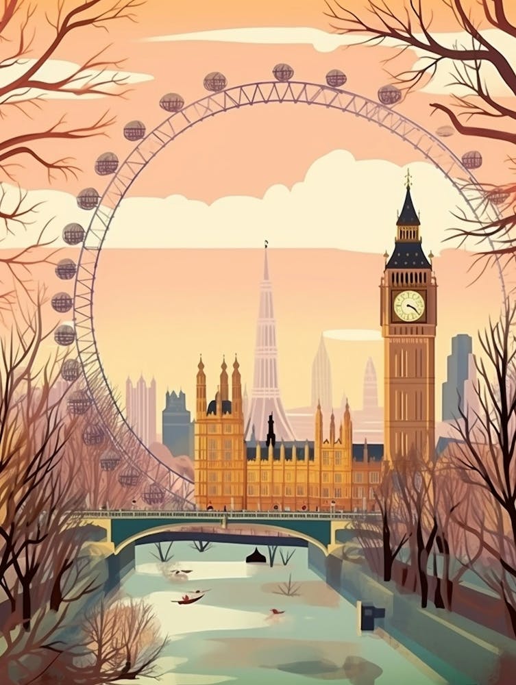 Vintage Winter Travel Illustration London United Kingdom 6