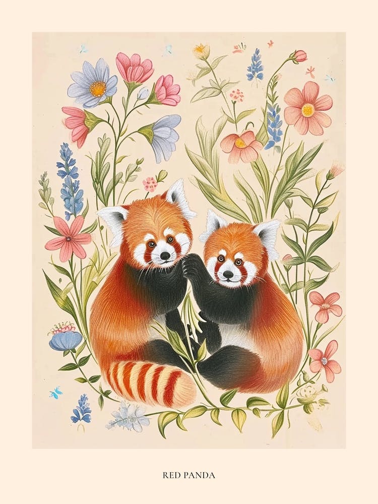 Dessin Animalier Floral Folk Ours Panda Roux 2 Affiche