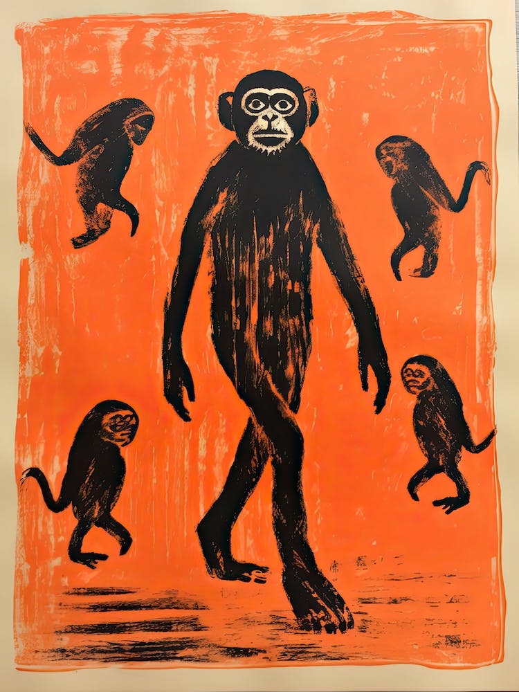 Monkey, Woodblock Animal  Drawing 2