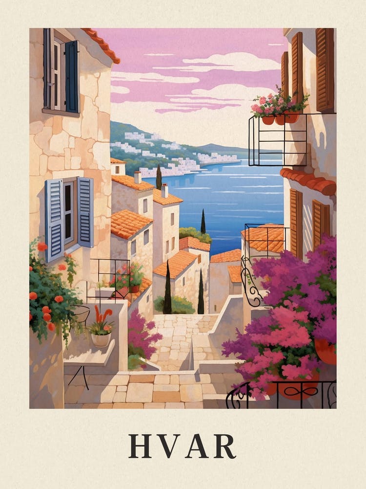 Hvar Croatia 3 Vintage Pink Travel Illustration Poster