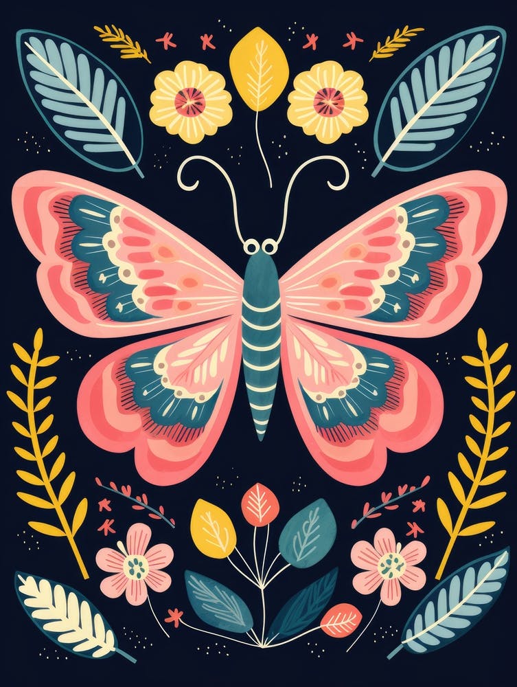 Butterfly With Flowers And Leaves