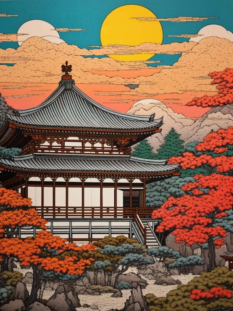 Ginkaku Ji, Japan Vintage Travel Art 2