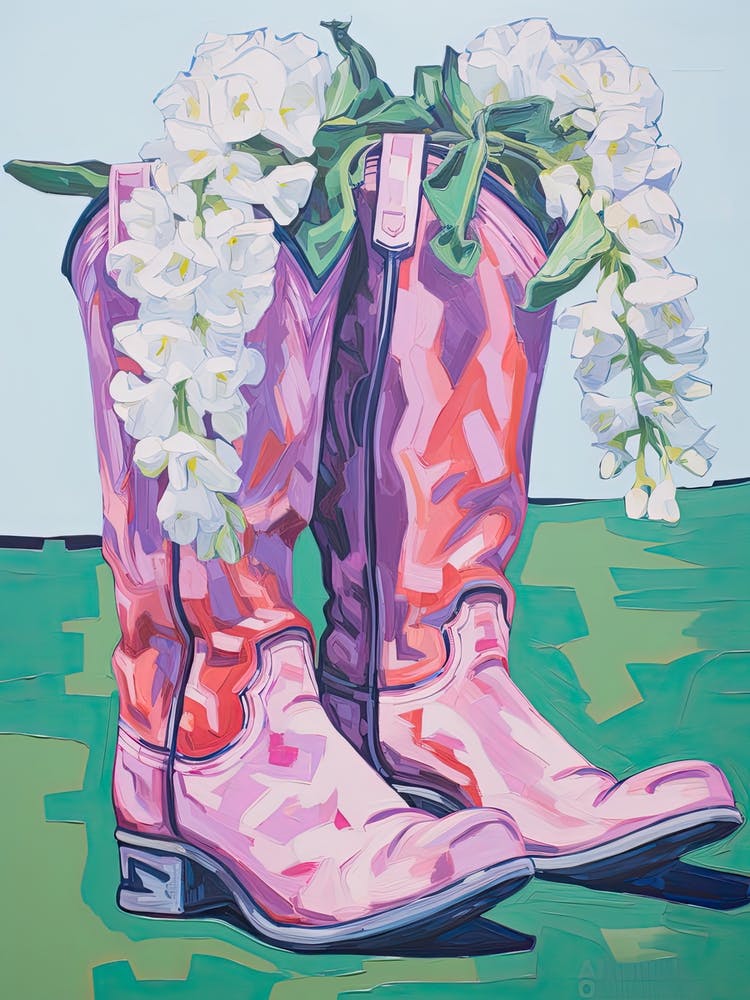 A Painting Of Cowboy Boots With Snapdragon Flowers, Fauvist Style, Still Life 4