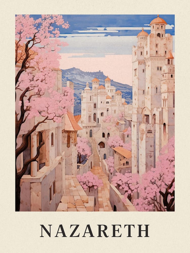 Nazareth Israel 3 Vintage Pink Travel Illustration Poster