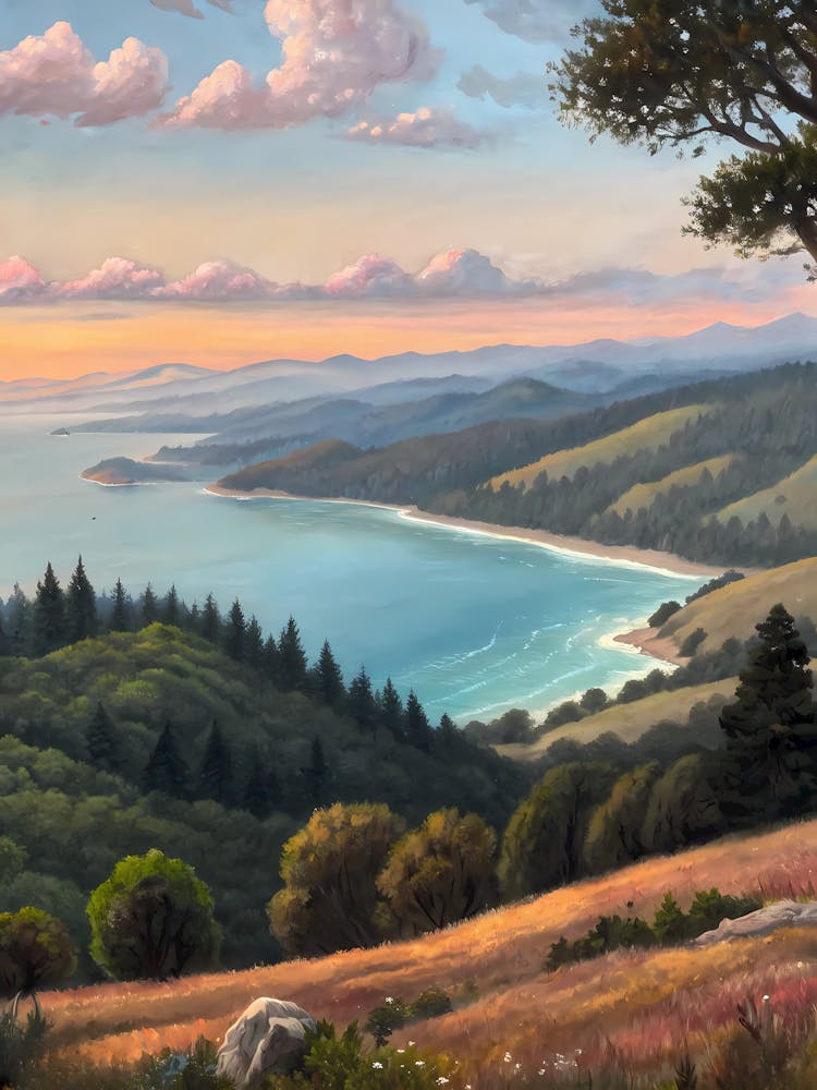 Van Gogh Style Coastal Mountains Scenic Landscape