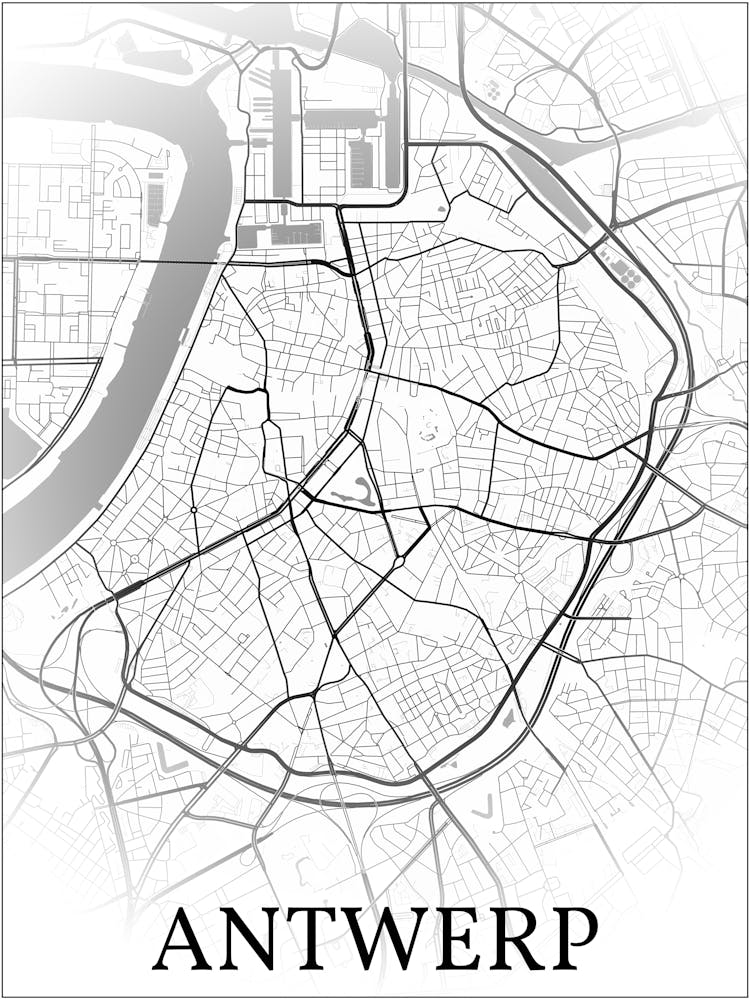 Antwerp, Antwerp, Belgium, City Map, Black And White Fade Design