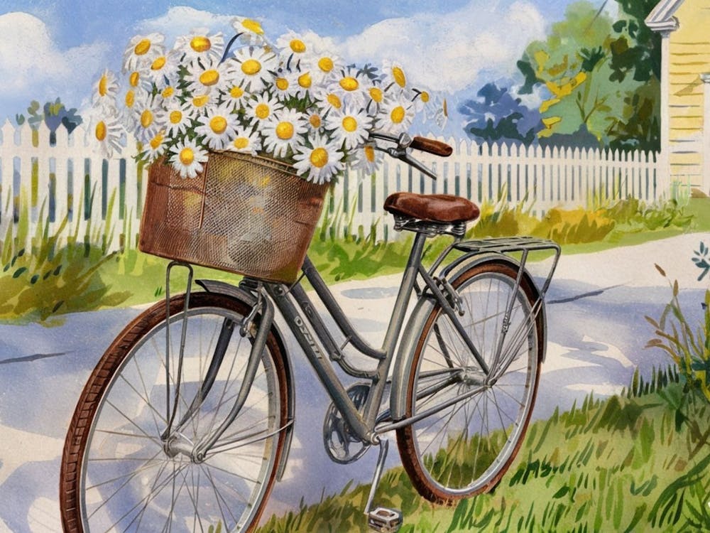 Vintage Bicycle with Daisy Basket on a Sunny Country Lane