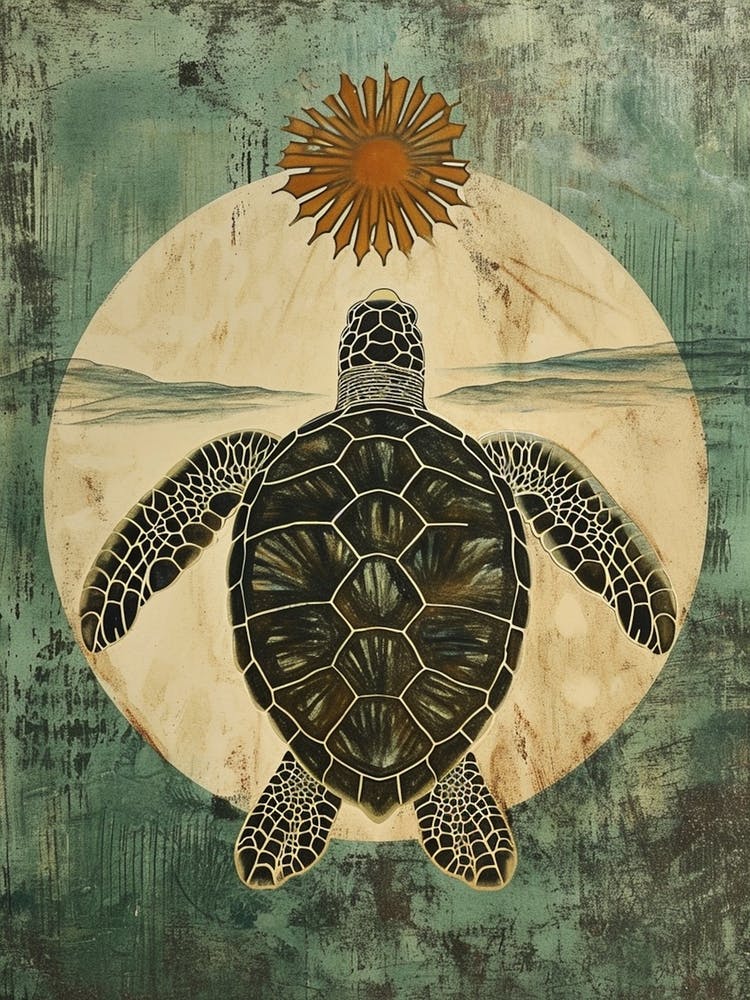 Sea Turtle & The Sunset Vintage Painting Inspired  3