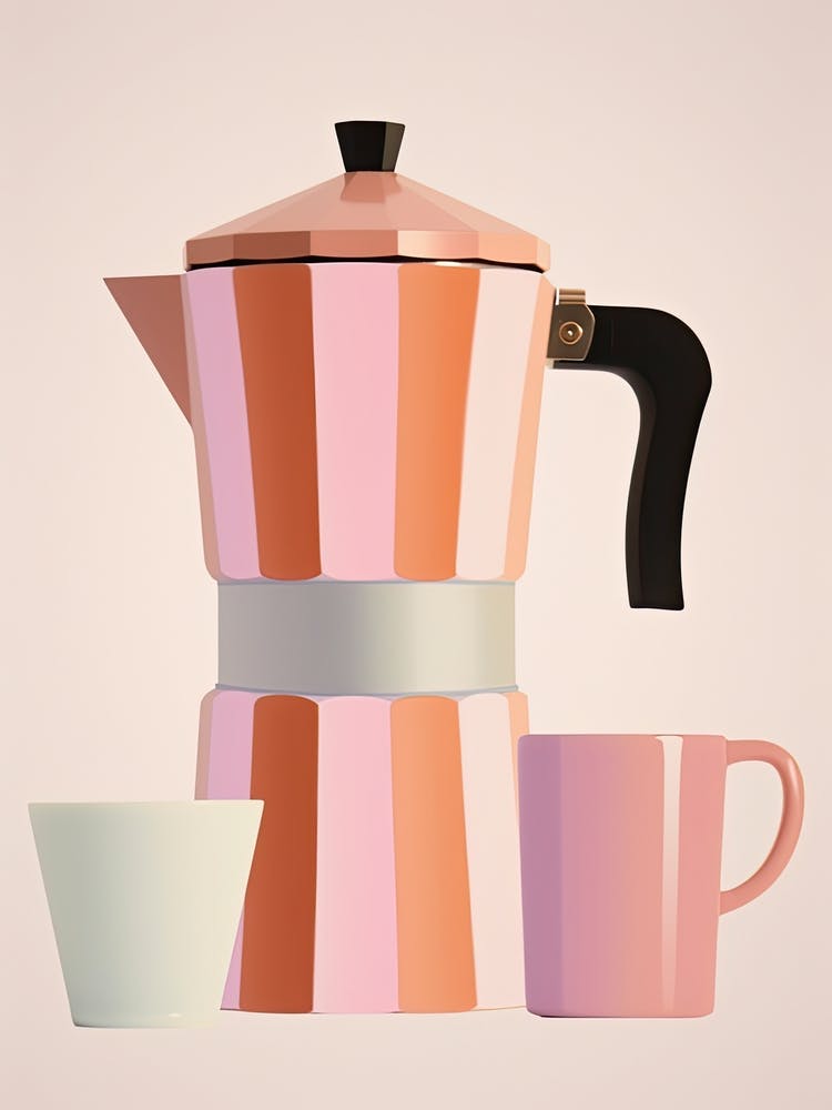 Italian Coffee Maker And Mugs Illustration Pink Background