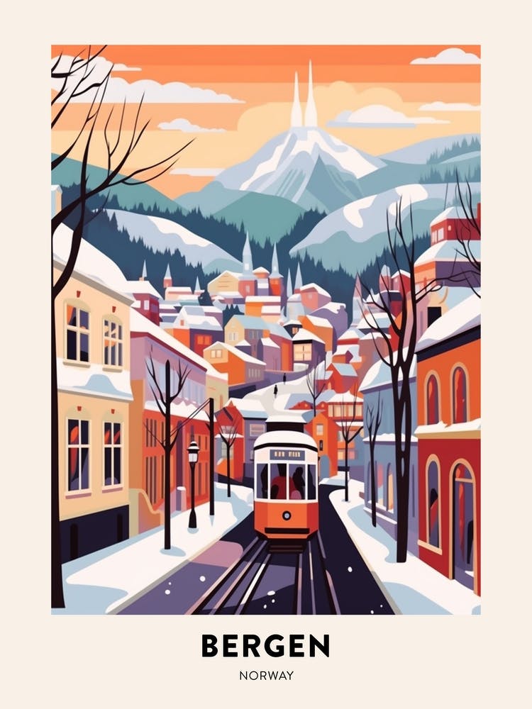 Vintage Winter Travel Poster Bergen Norway 4
