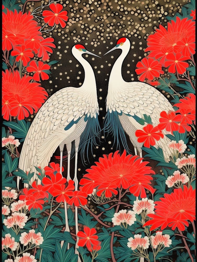 Red Spider Lily And Cranes Vintage Japanese Botanical