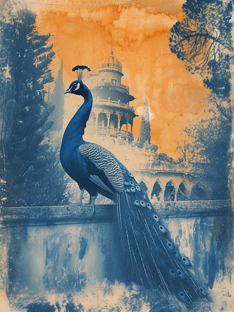 Orange & Blue Peacock With Palace In The Background 2