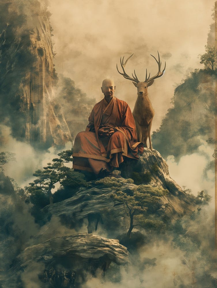 Représentation d'Art Bouddhiste Traditionnel du Vénérable Pindola Bharadvaja, Également Connu Sous Le Nom de Luohan Assis sur un Cerf, Dépeint Dans un Moment de Profonde Contemplation et de Détachement Serein des Affaires Terrestres