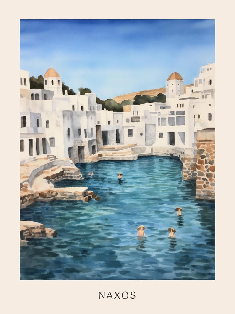 Swimming In Naxos Greece 3 Watercolour Poster