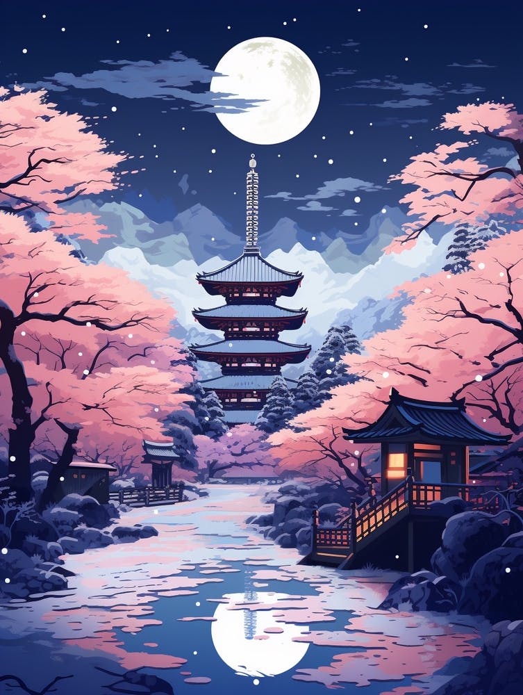 Winter Travel Night Illustration Kyoto Japan 4
