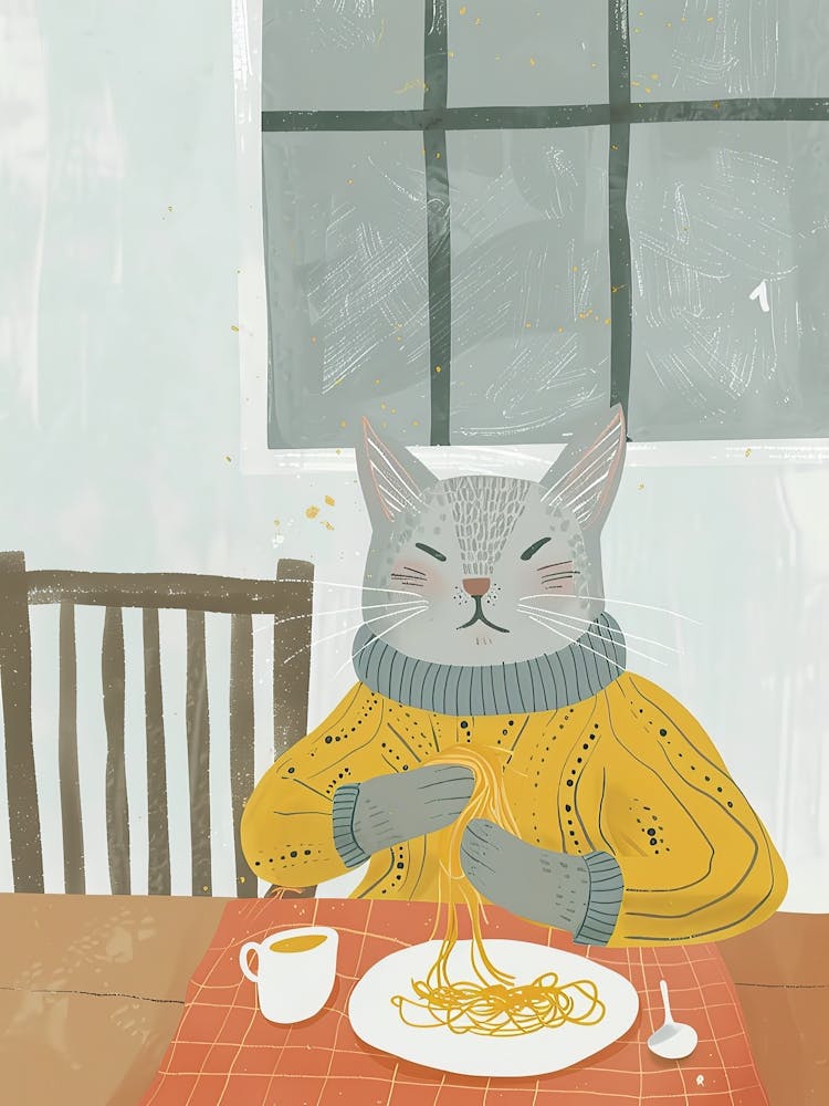 Grey Cat Eating Pasta Folk Illustration 3