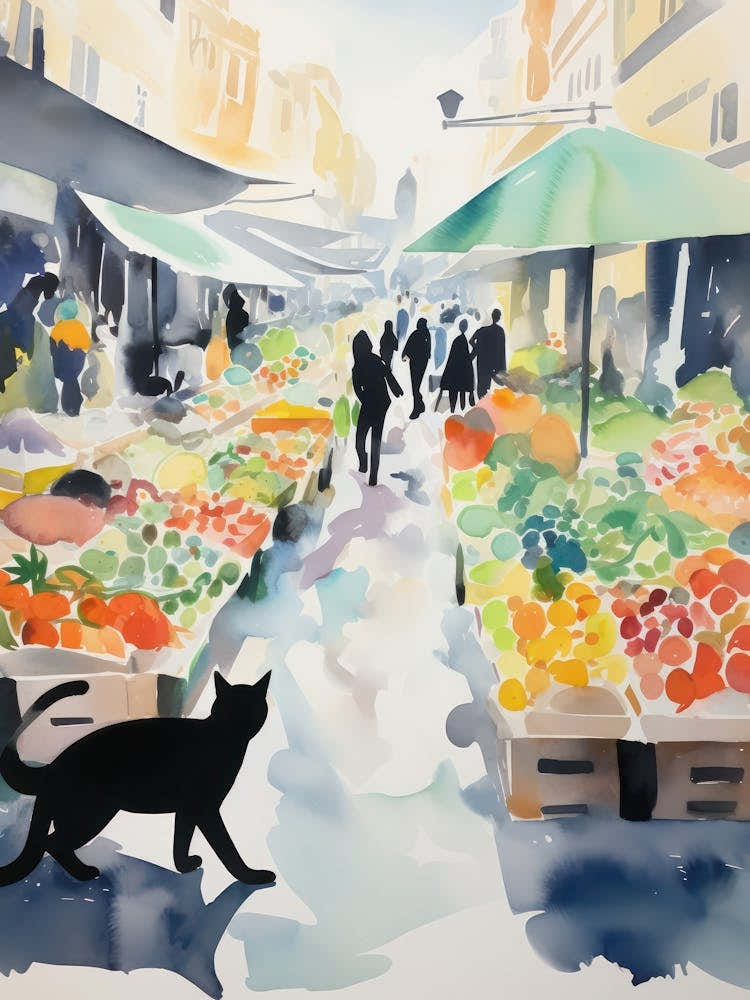 Food Market With Cats In Paris 2 Watercolour