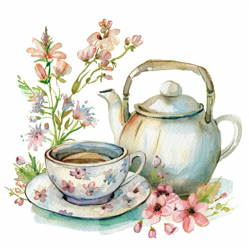 Cute Pastel Floral Watercolor Teapot And Tea Cup