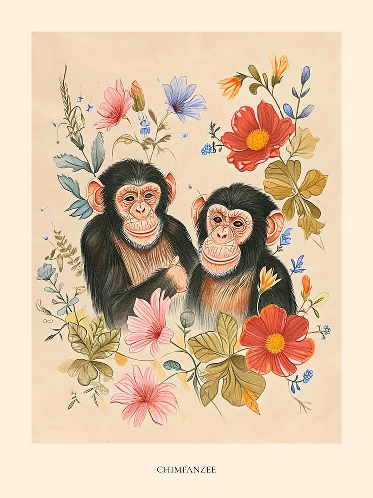 Folksy Floral Animal Drawing Chimpanzee 4 Poster