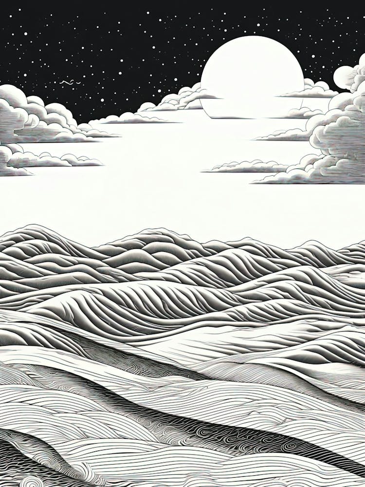 Tottori Sand Dunes In Tottori, Ukiyo E Black And White Line Art Drawing 3