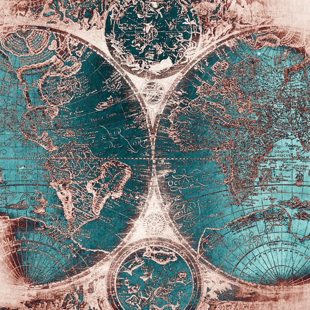 World Map Teal Old Antique