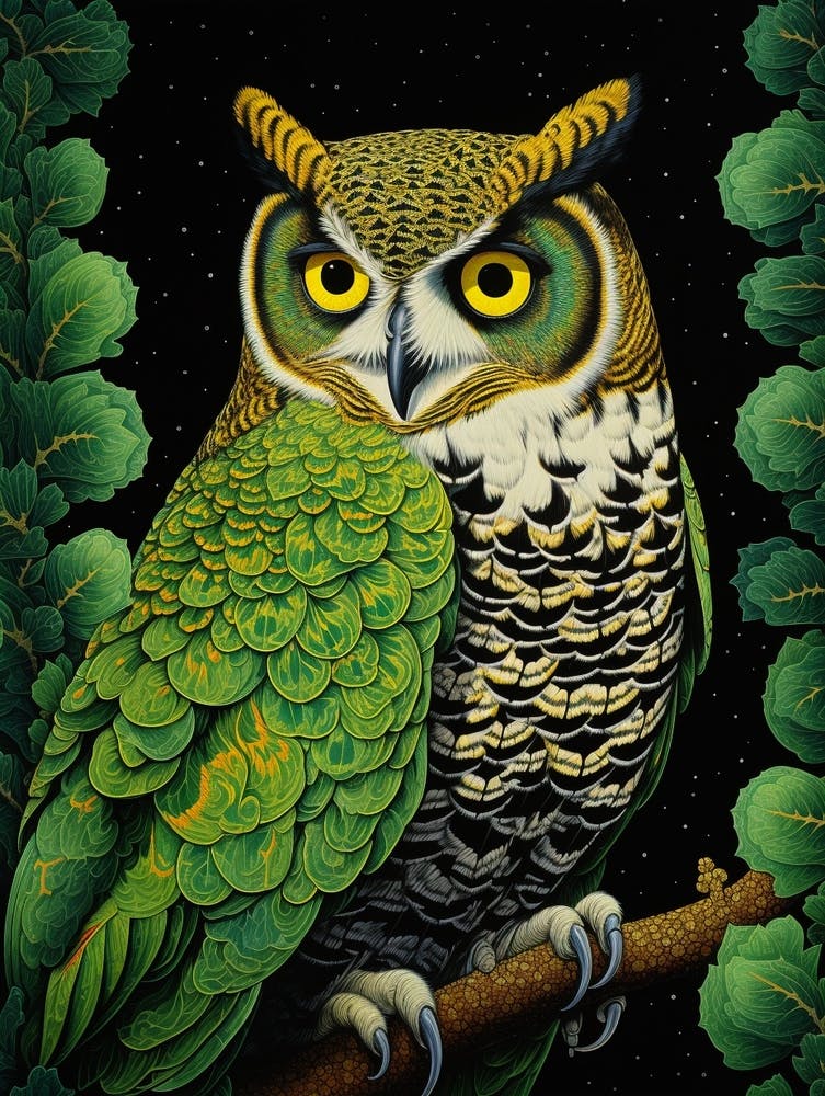 Ohara Koson Inspired Bird Painting Great Horned Owl 3