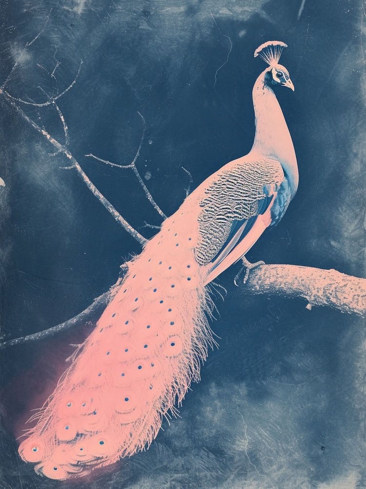 Blue & Pink Peacock On A Tree 2