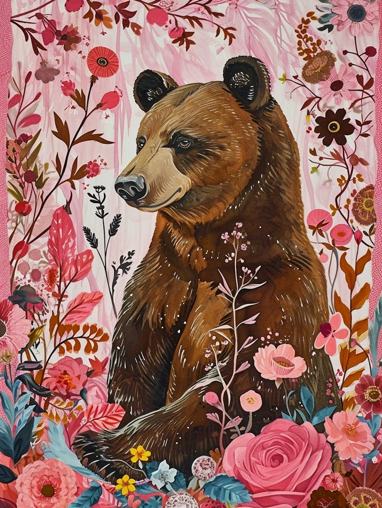Peinture Animale Florale Ours Brun 3